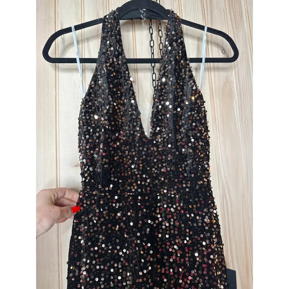 NWT Lulus Mesmerizing Diva Black Sequin Wide-Leg Halter Jumpsuit Party Size XS - Picture 5 of 9